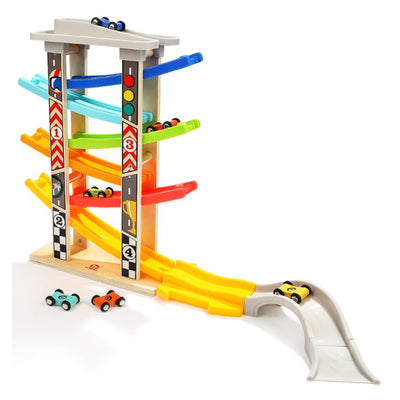 Topbright Toys Mega Ramp Racer Tower w/ 6 Wooden Race Cars and Bridge Attachment