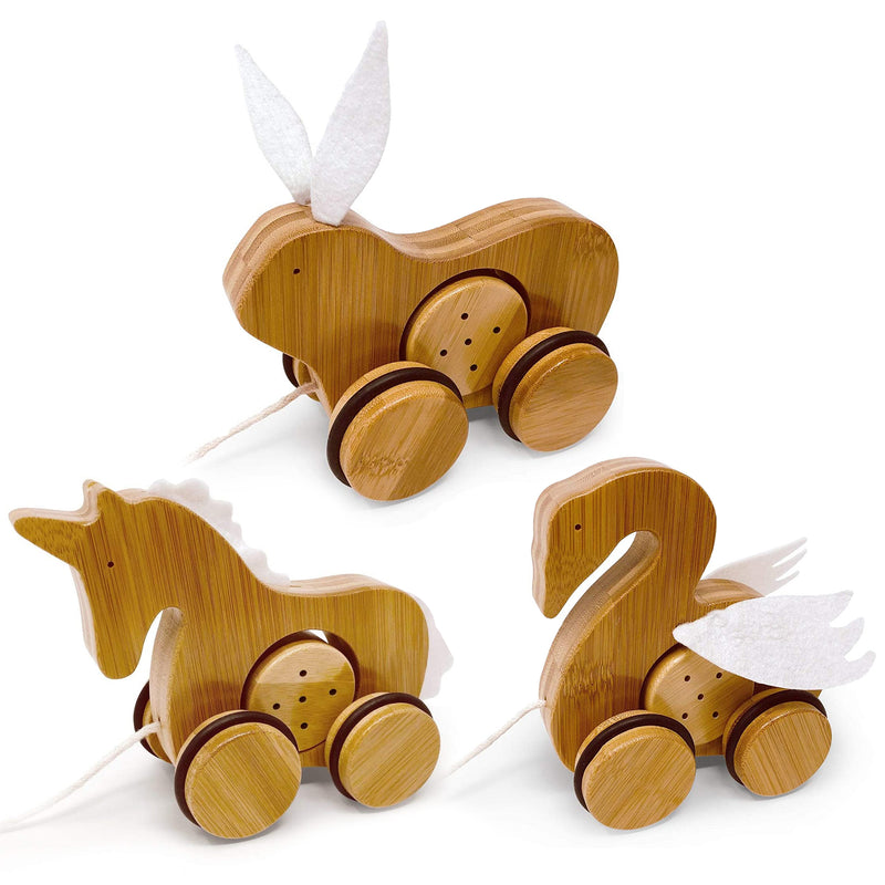 Kinderfeets Kids Bamboo Push & Pull Animal Toy Figures, Rabbit, Swan, & Unicorn