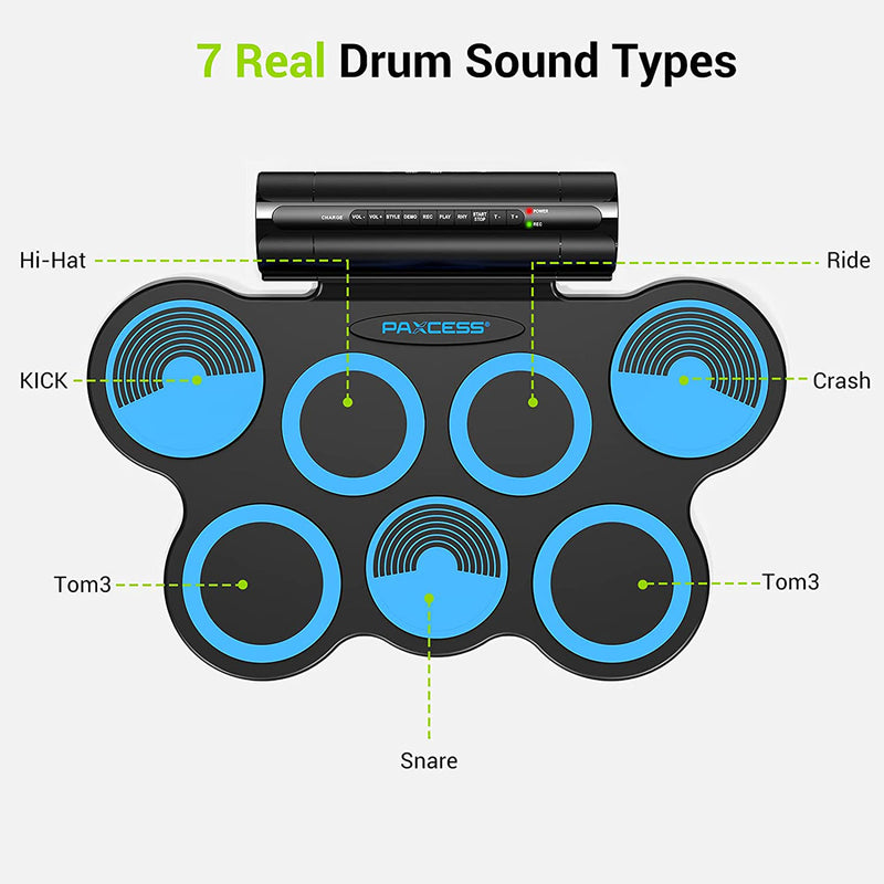 PAXCESS 7 Pad Electronic Drum Set with Speakers, Headphone Jack, and Drum Sticks