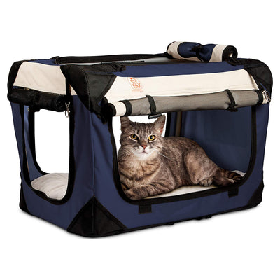 PetLuv Happy Cat Premium Cat Carrier Foldable Pet Crate w/ Locking Zippers, Blue