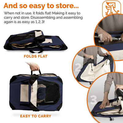 PetLuv Happy Cat Premium Cat Carrier Foldable Pet Crate w/ Locking Zippers, Blue