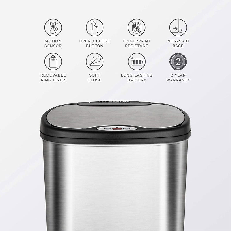 NINESTARS 13.2 Gal Kitchen Rectangular Motion Sensor Garbage Trash Can (2 Pack)