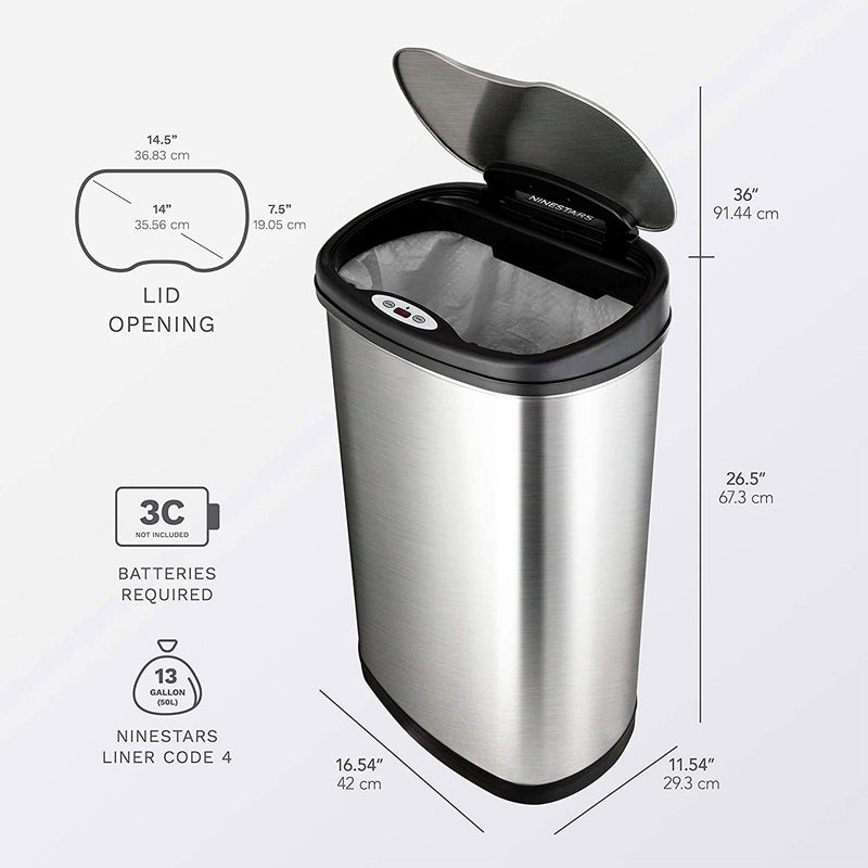 NINESTARS 13.2 Gal Kitchen Rectangular Motion Sensor Garbage Trash Can (2 Pack)