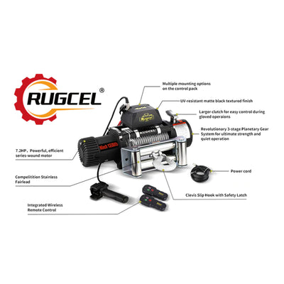 RUGCEL 13500 Pound 7.2 HP Electric Winch with Wire Rope and 2 Wireless Remotes