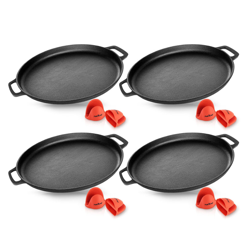 NutriChef 14in Round Pre Seasoned Cast Iron Baking Pan Kitchen Cookware (4 Pack)