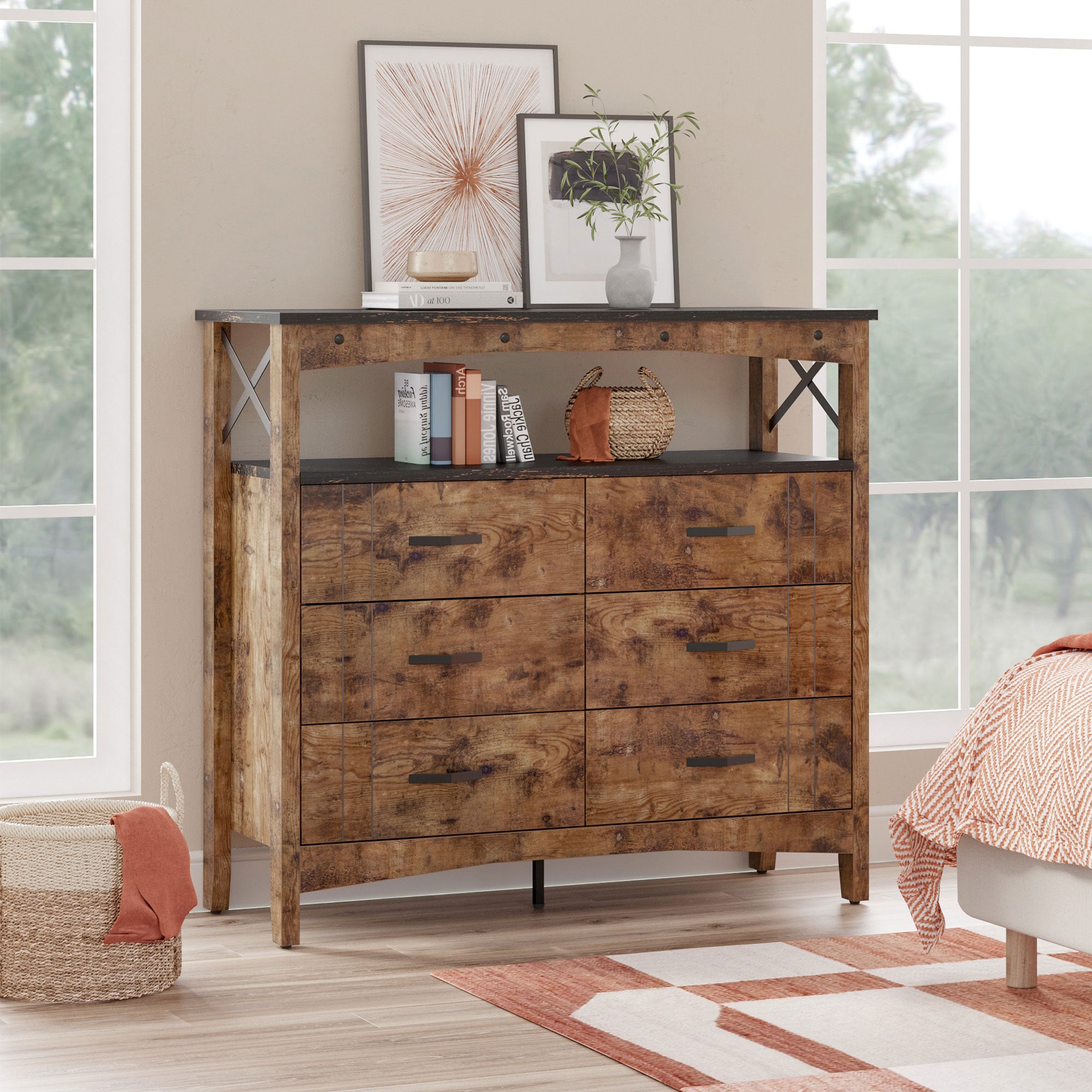 Buffet Hallway & Living Room Storage Cabinet w/6 Drawers, Rustic Brown (Used) - VMInnovations