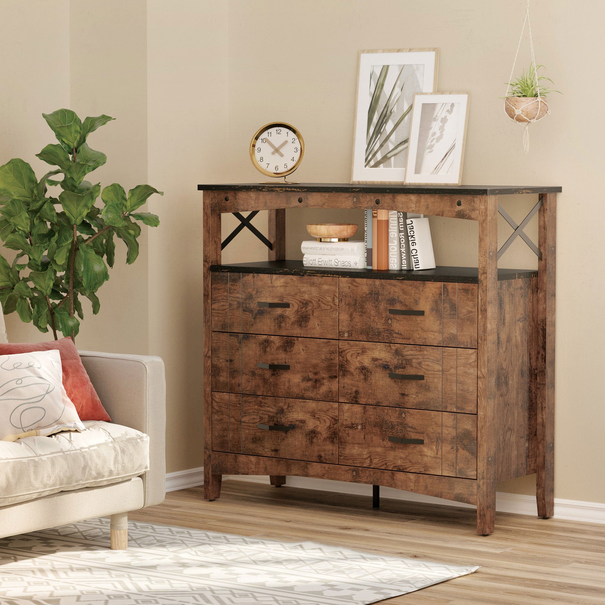 Buffet Hallway & Living Room Storage Cabinet w/6 Drawers, Rustic Brown (Used) - VMInnovations