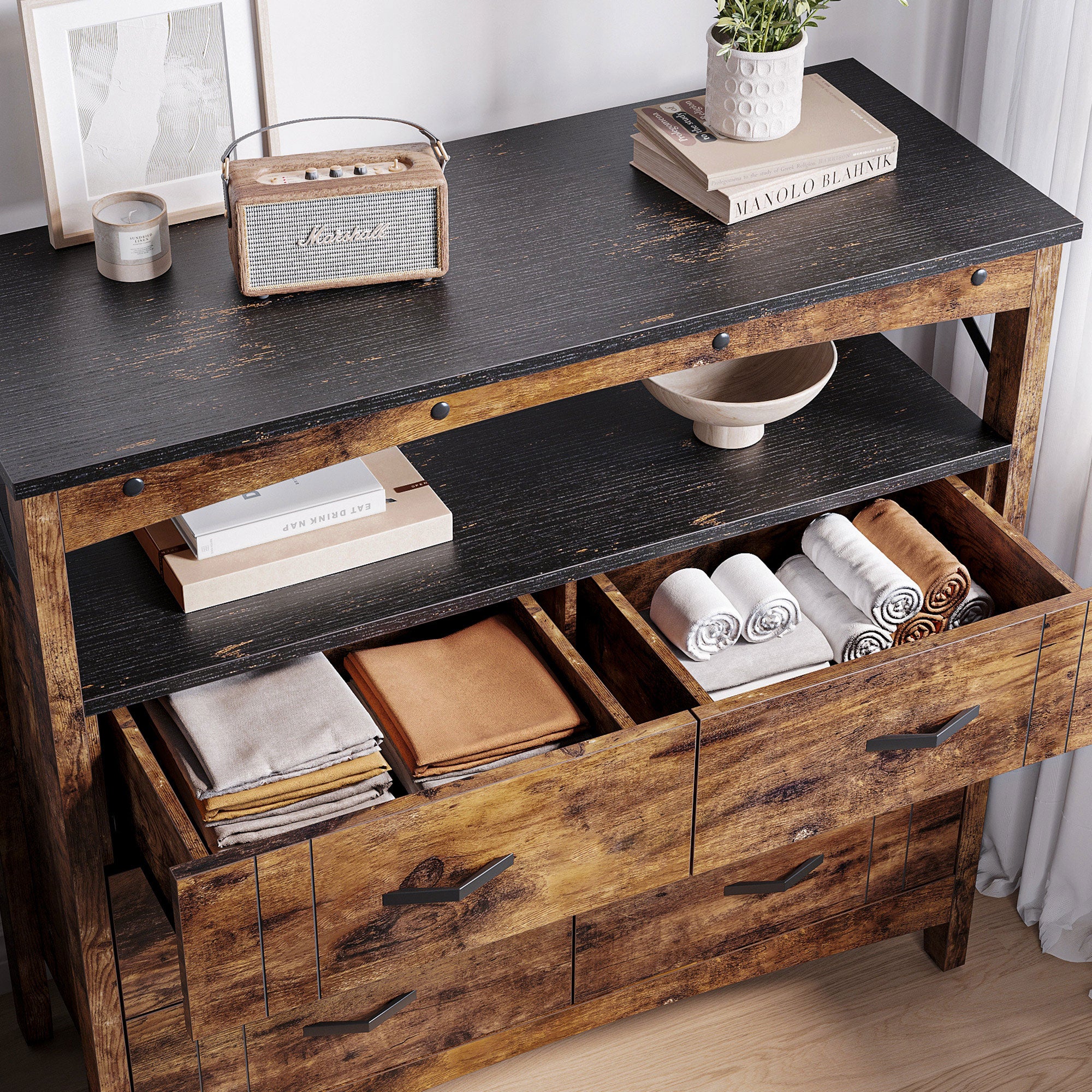 Buffet Hallway & Living Room Storage Cabinet w/6 Drawers, Rustic Brown (Used) - VMInnovations
