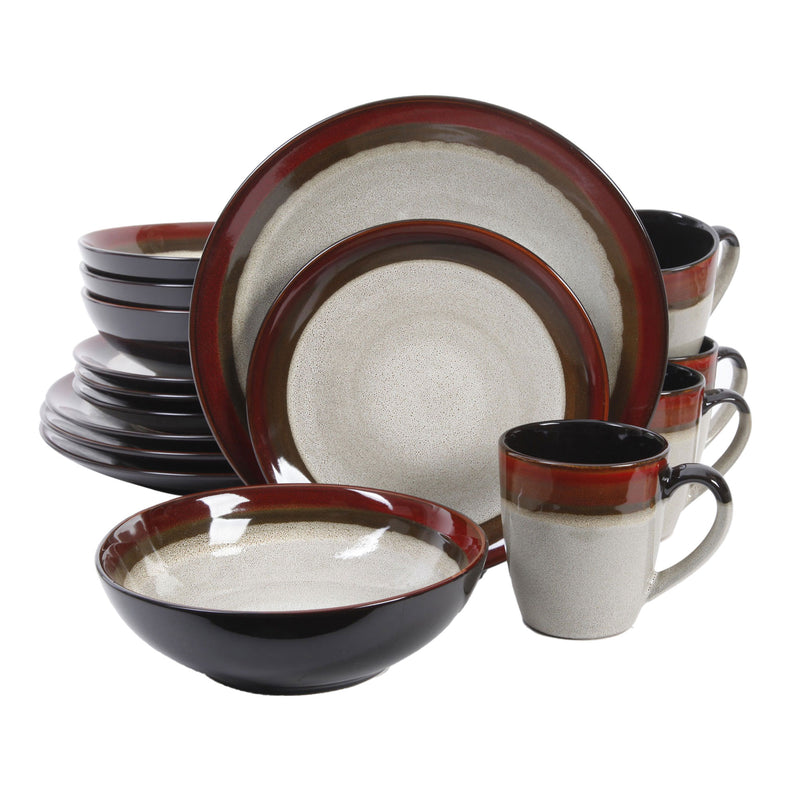 Gibson Couture 16 Piece Glazed Dinnerware Plates, Bowls, and Mugs, Red (2 Pack)