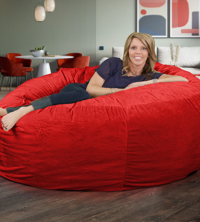 Ultimate Sack 6000 6 Foot Pre Filled Fur Bean Bag Chair with Footstool, Red
