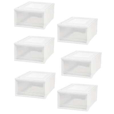 IRIS 30 Quart Medium Stackable Plastic Storage Chest Drawer Bin, White (6 Pack)