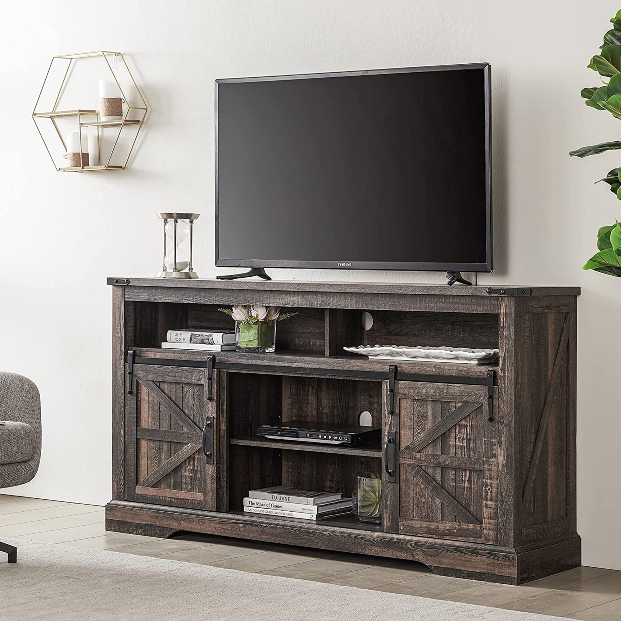 OKD 60" Sliding Barn Door Farmhouse Highboy TV Table Stand, Dark Oak (Open Box) - VMInnovations