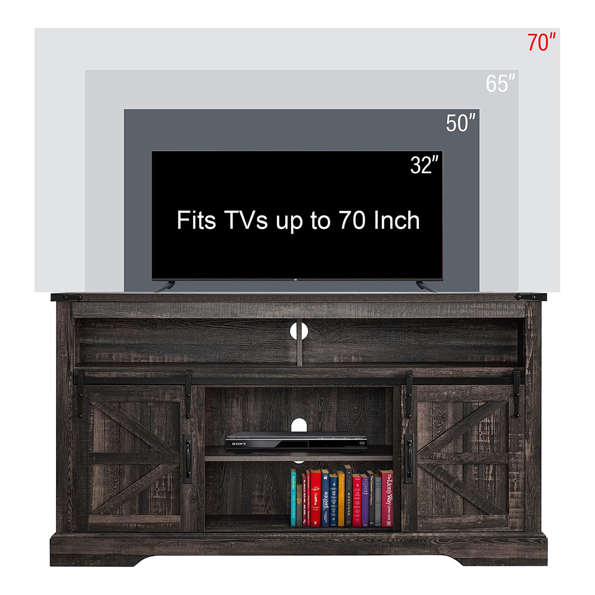 OKD 60" Sliding Barn Door Farmhouse Highboy TV Table Stand, Dark Oak (Open Box) - VMInnovations