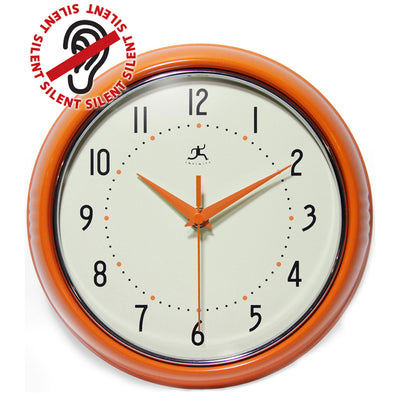 Infinity Instruments 9.5In Silent Retro Analog Aluminum Metal Wall Clock, Orange