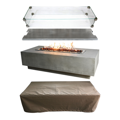 Elementi Granville 60" Concrete Fire Pit Table + Steel Cover & Glass Wind Screen