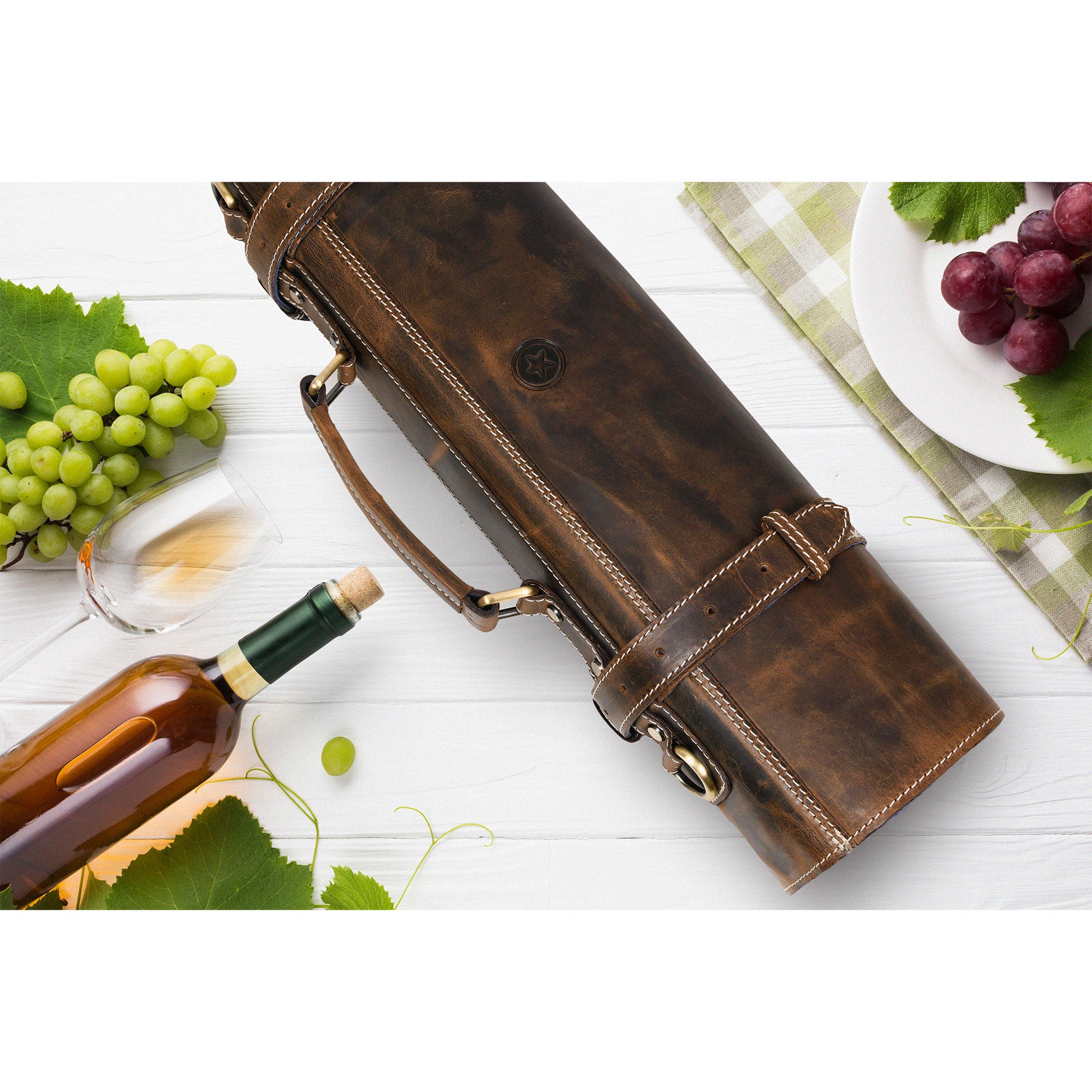 Aaron Leather Goods Tuscania Knife Roll Storage Bag Case, Cedar & Royal Blue - VMInnovations