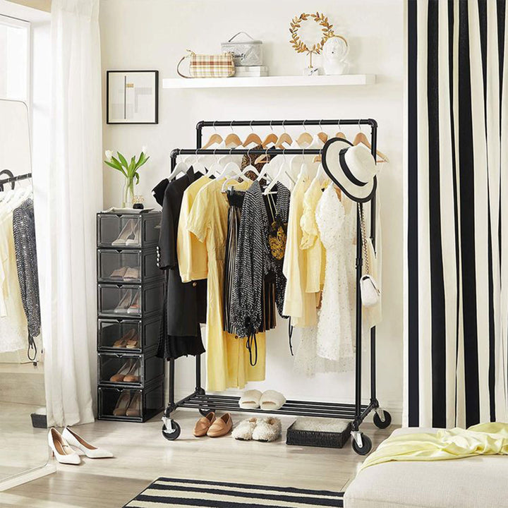 VASAGLE Industrial Rolling Garment Double Rail Clothes Rack w/Shelf, Black(Used) - VMInnovations