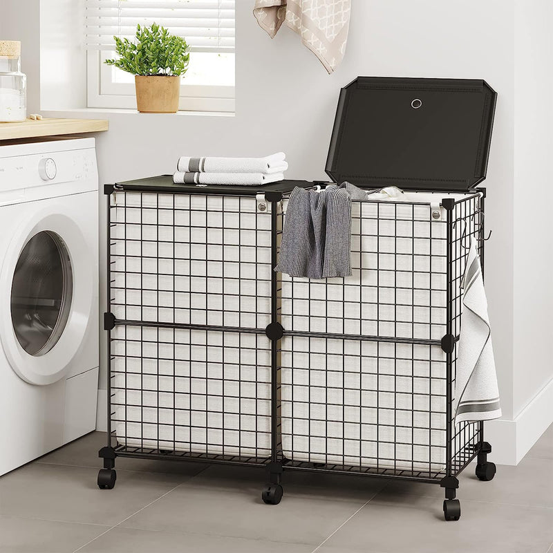WOWLIVE Double 144L Iron Wire Laundry Hamper with Lid, Wheels, & Removable Bags