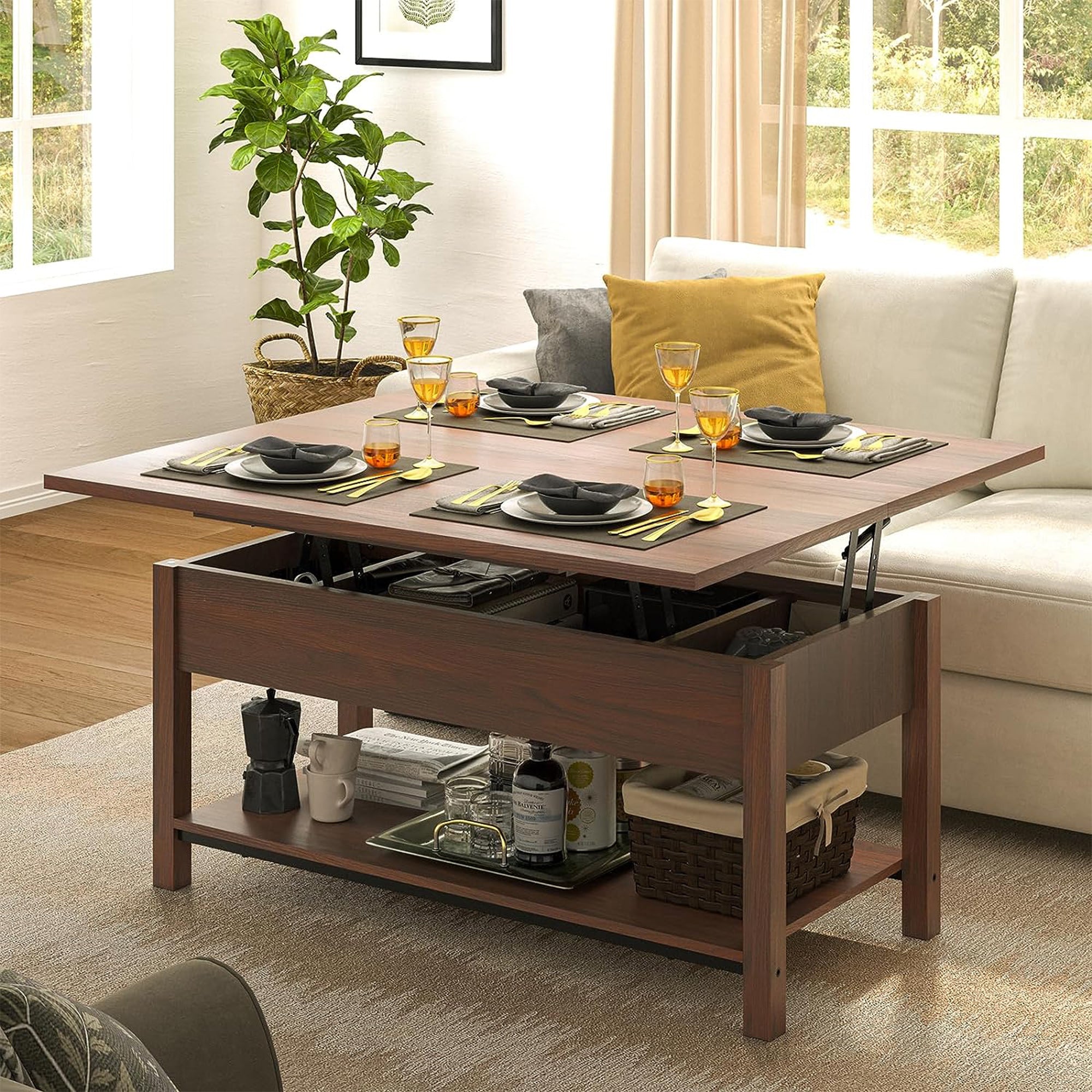 FABATO 4 in 1 Multi-Function Convertible Coffee Table with Storage, Espresso - VMInnovations