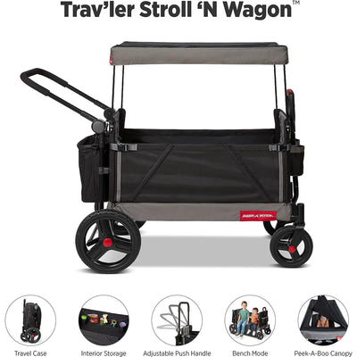 Radio Flyer Collapsible Trav’ler Stroll ‘N Wagon with Protective Cover, Black