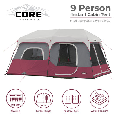 CORE Instant Cabin 14'x9' 9 Person Cabin Tent w/60 Second Assembly, Red (2 Pack)