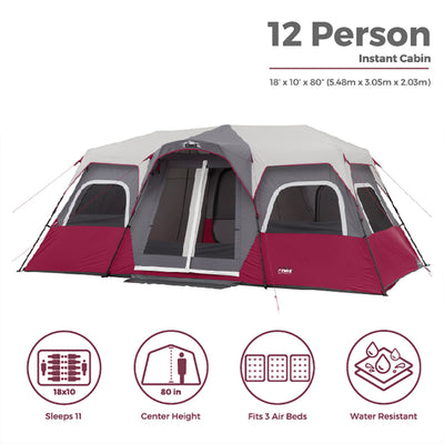 CORE 18' x 10' 12 Person Double Door Instant Cabin Camping Tent, Wine (2 Pack)