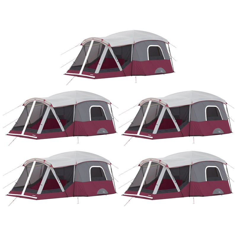 CORE 11 Person Family Outdoor Camping Cabin Tent with Screen Room, Wine (5 Pack)
