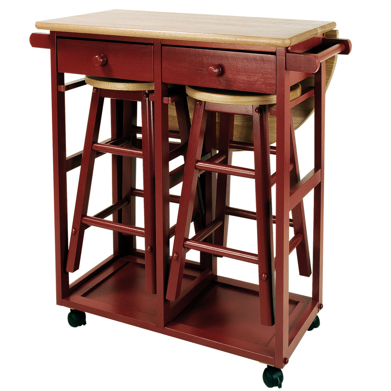 Casual Home Drop Leaf Hardwood Mobile Breakfast Cart with 2 Wooden Stools, Red