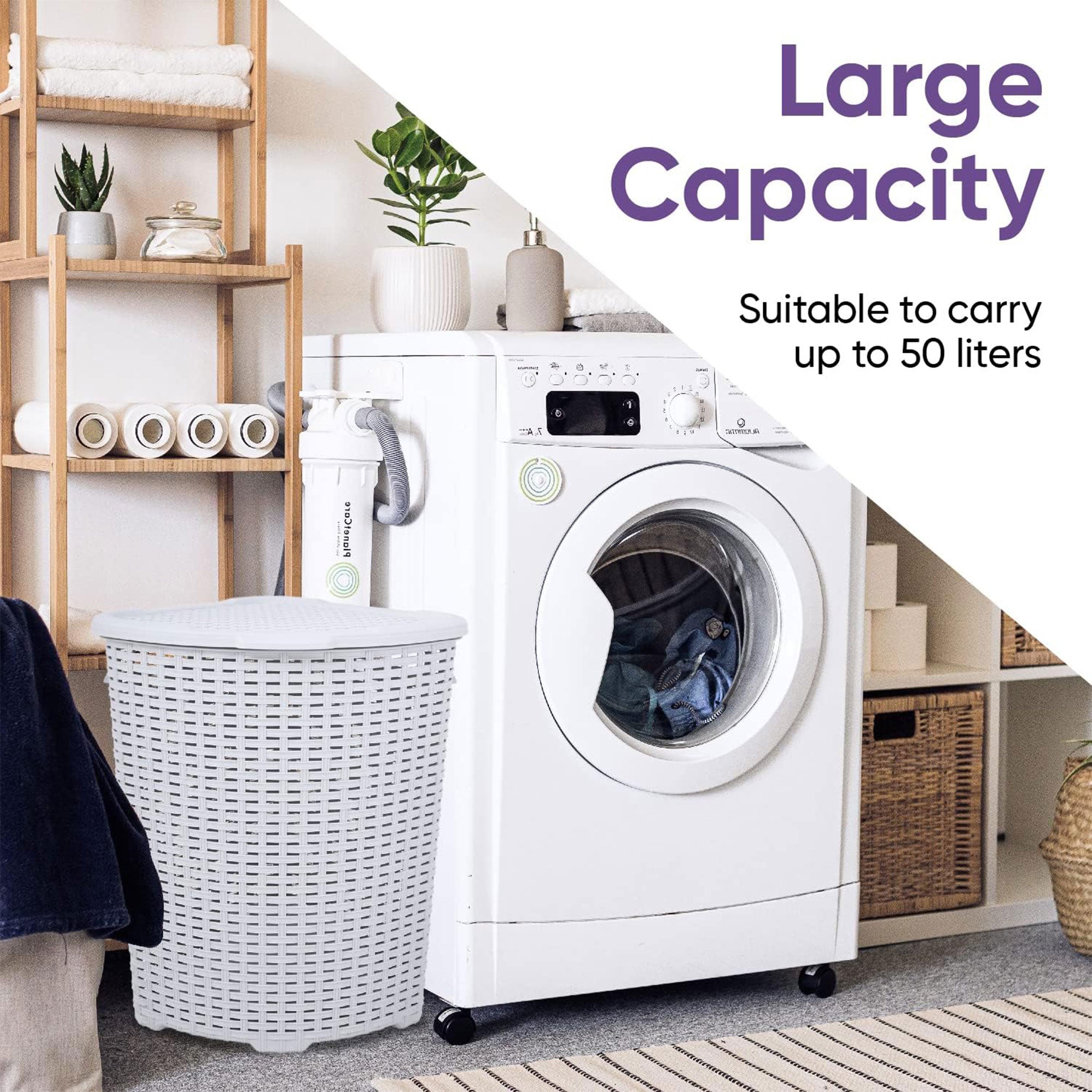 Superio 52 Liter Wicker Design Corner Laundry Hamper with Lid and Handles, White - VMInnovations