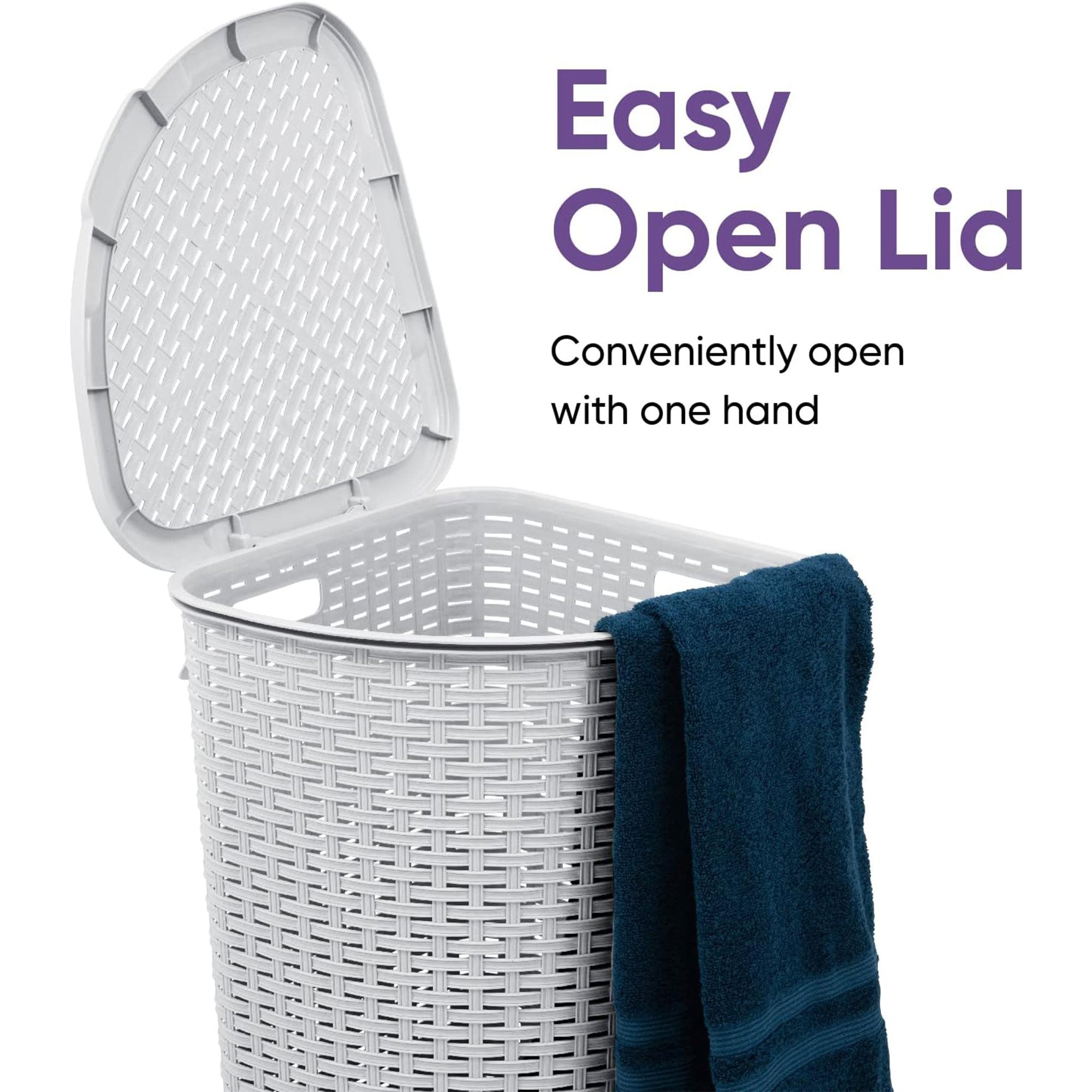 Superio 52 Liter Wicker Design Corner Laundry Hamper with Lid and Handles, White - VMInnovations