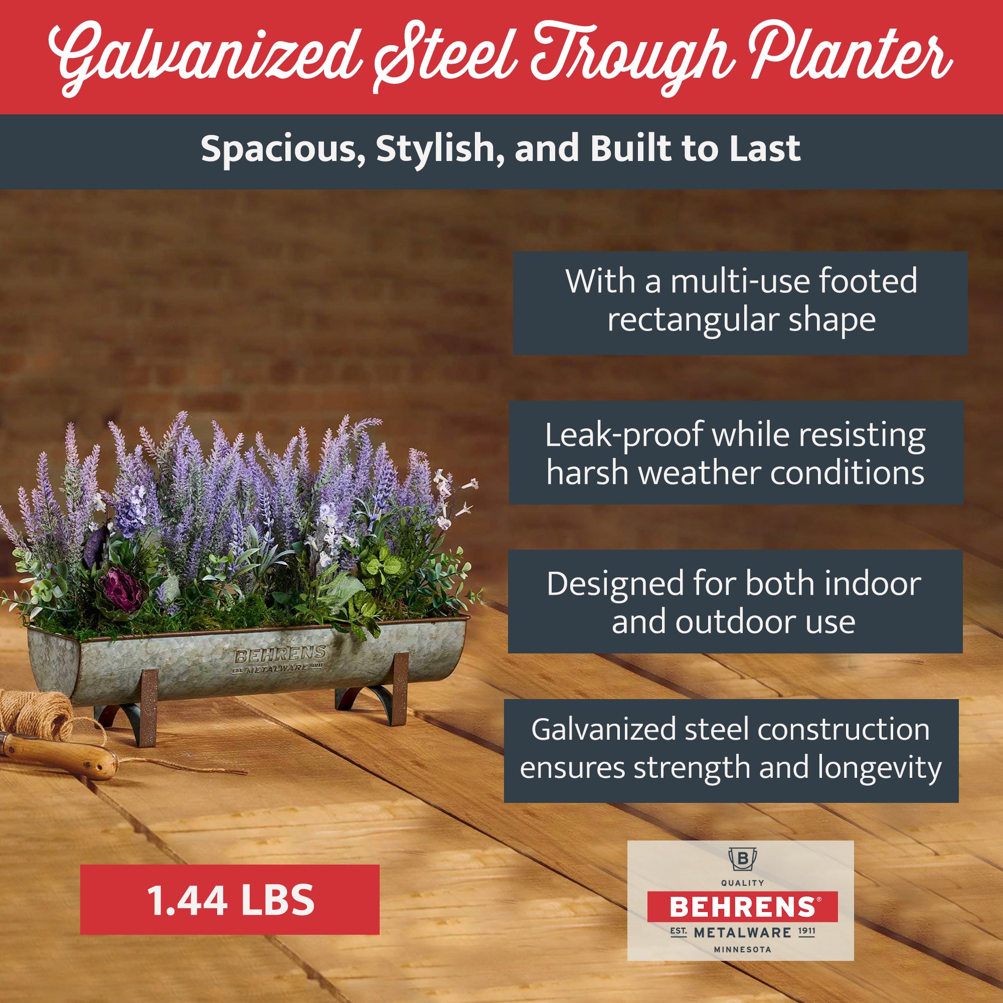 Behrens Versatile Large 19.75 Inch Galvanized Steel Trough Planter, Steel Gray - VMInnovations
