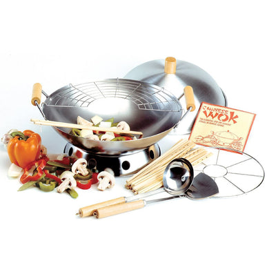 Norpro 10 Piece 14 Inch Carbon Steel Stir Fry Cooking Pan Wok Set w/ Racks & Lid