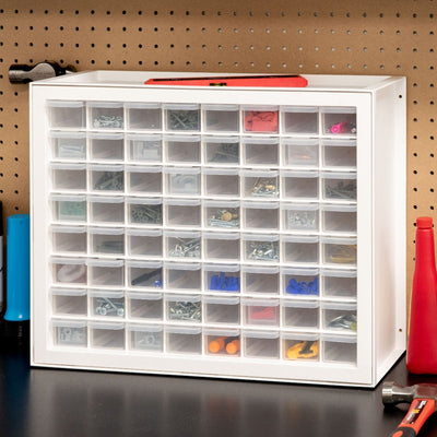 Iris 64 Drawer Clear Plastic Craft Garage Workshop Storage System Cabinet, White