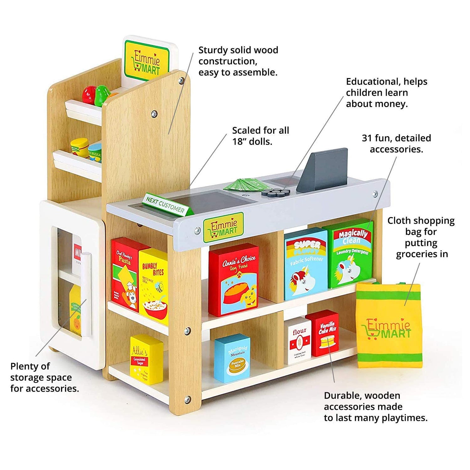 Playtime by Eimmie Wood Grocery Store Playset w/ Acc for 18in Dolls (Open Box) - VMInnovations