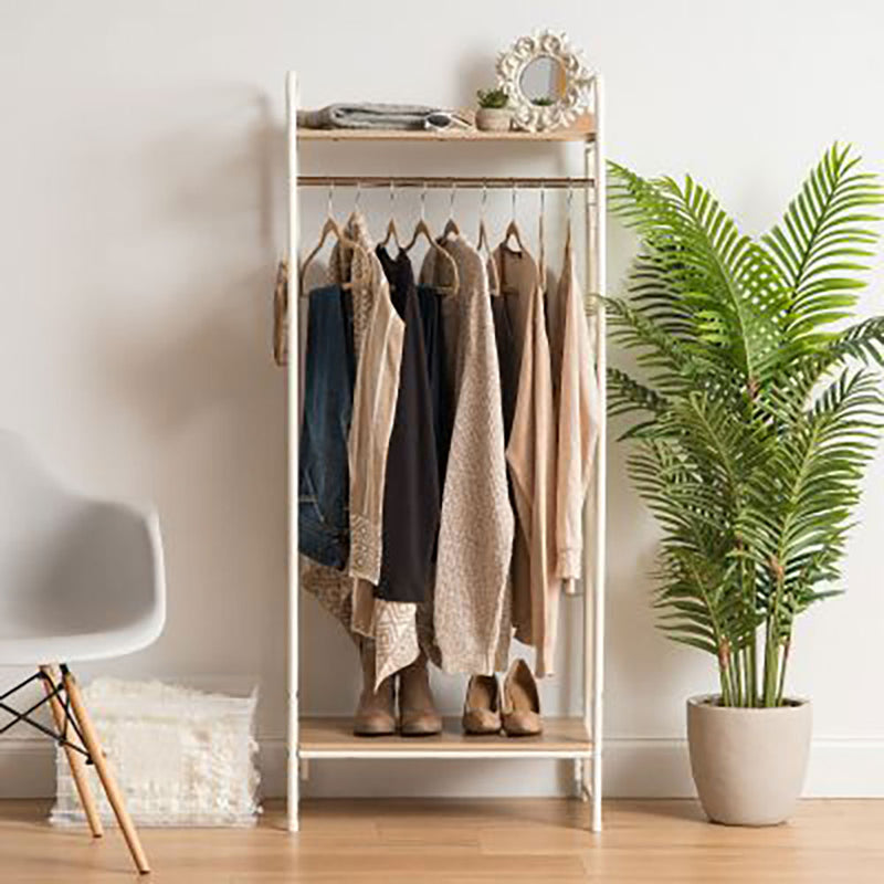 IRIS Metal Wardrobe Clothes Garment Organizer Rack w/ 2 Wood Shelves, White