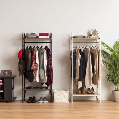 IRIS Metal Wardrobe Clothes Garment Organizer Rack w/ 2 Wood Shelves, White