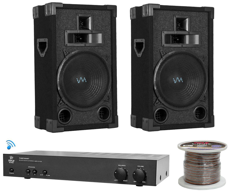 Bluetooth DJ Speakers - 2) VM Audio 10" DJ Speakers + Pyle 2000BT Amp + Wire
