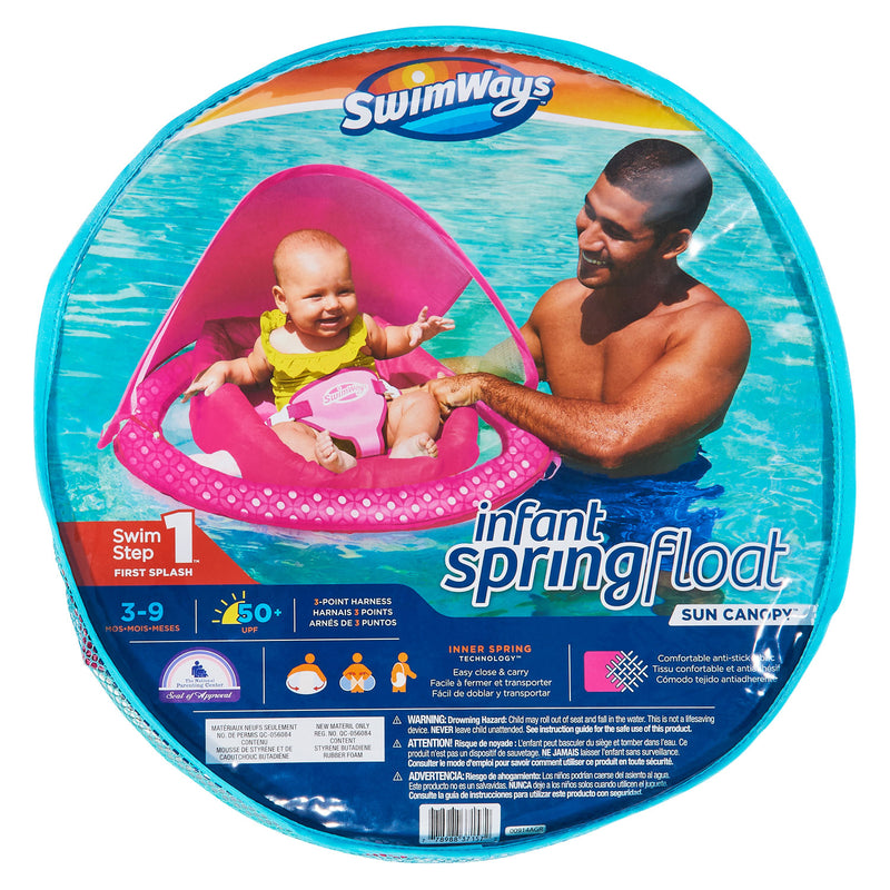 SwimWays Infant Baby Inflatable Swimming Pool Spring Float & Canopy, Pink Flower