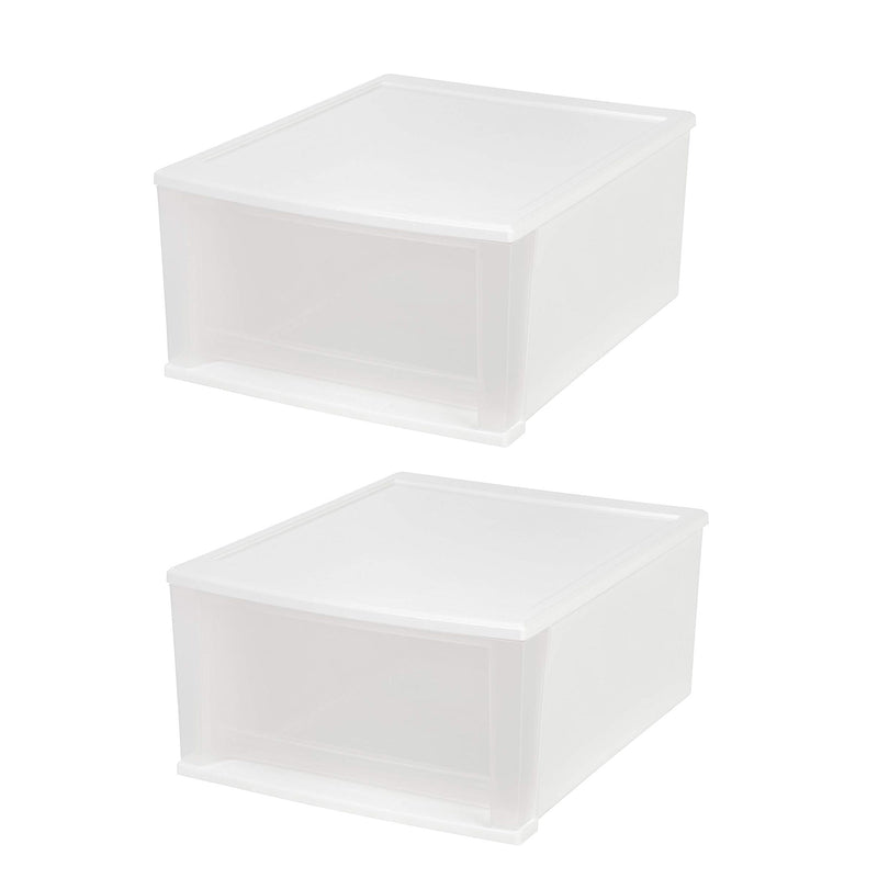 IRIS Medium 32 Qt Stackable Pull Out Clear Front Plastic Drawer, White (2 Pack)