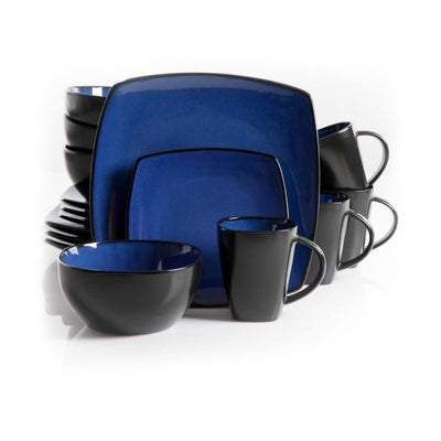 Gibson Soho Lounge 16 Piece Reactive Glaze Dinnerware Plates Bowls & Mugs, Blue