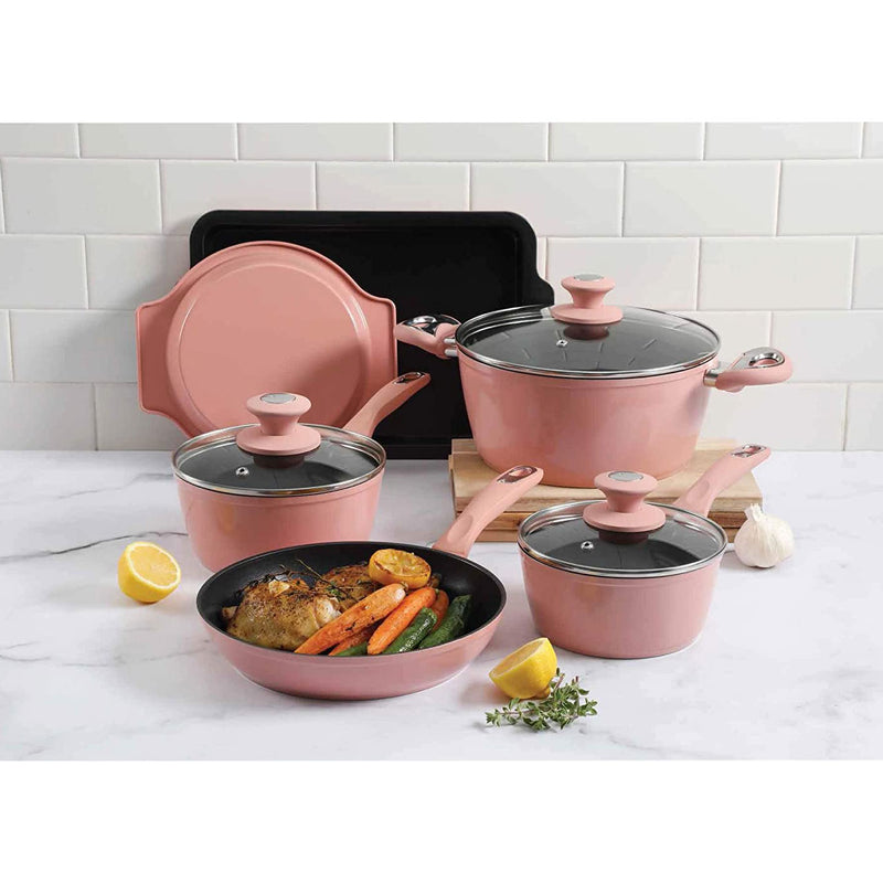 Oster 2 Piece 11 and 8 Inch Aluminum Non Stick Home Frying Pan Set, Dusty Rose