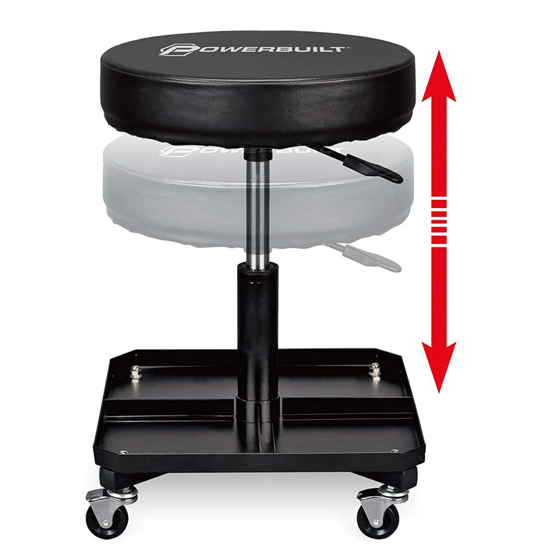Powerbuilt Pneumatic Adjustable Height Roller Padded Stool Seat w/ Tool Tray