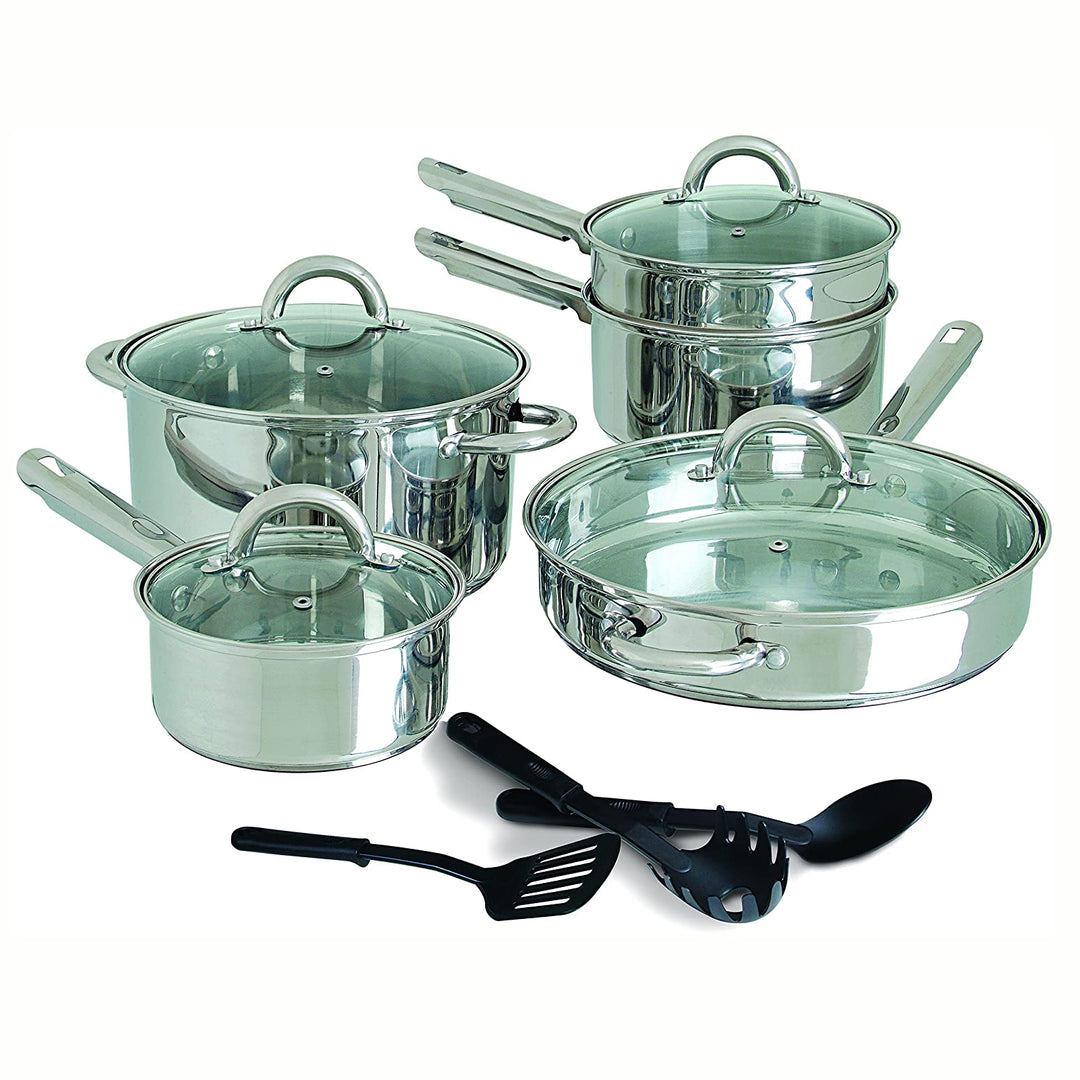 Gibson Home Abruzzo 12 Piece Stainless Steel Cookware Set with Utensils, Silver - VMInnovations