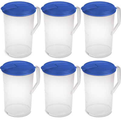 Sterilite 1 Gallon Round Pitcher, Clear with Blue Lid & Hinged Spout (6 Pack)