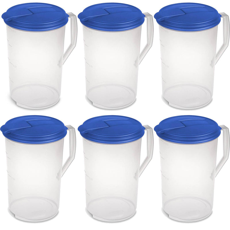 Sterilite 1 Gallon Round Pitcher, Clear with Blue Lid & Hinged Spout (6 Pack)