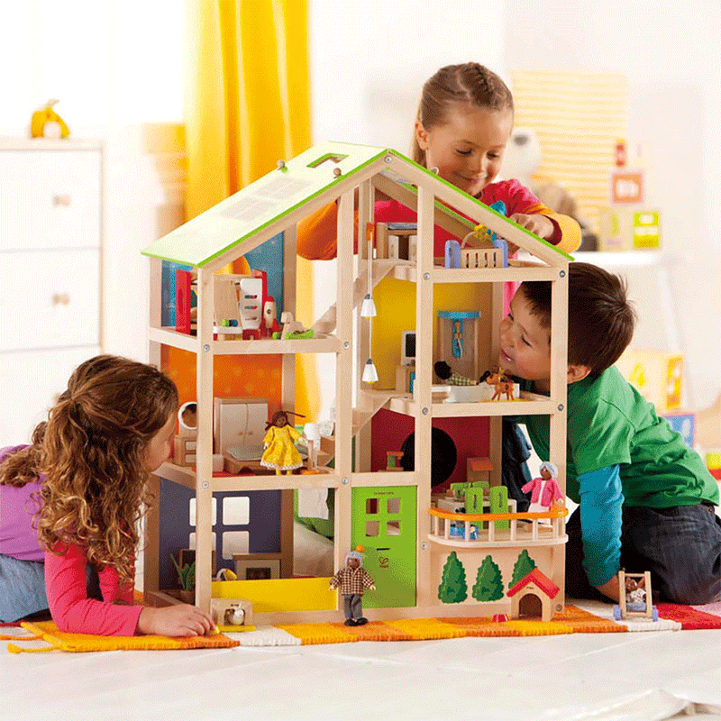 Hape Kids Dollhouse Bundle with Family of 5 Wooden Bendable Dolls and Toy Car