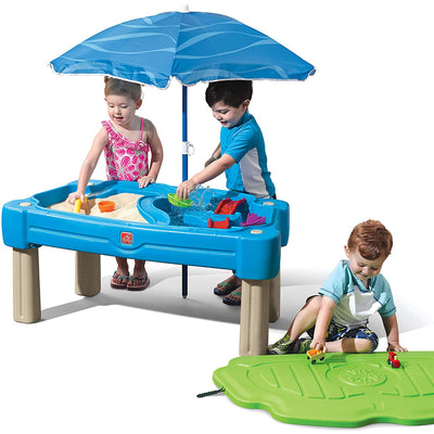 Step2 Cascading Cove Sand and Water Kids Sensory Play Table with Umbrella, Blue