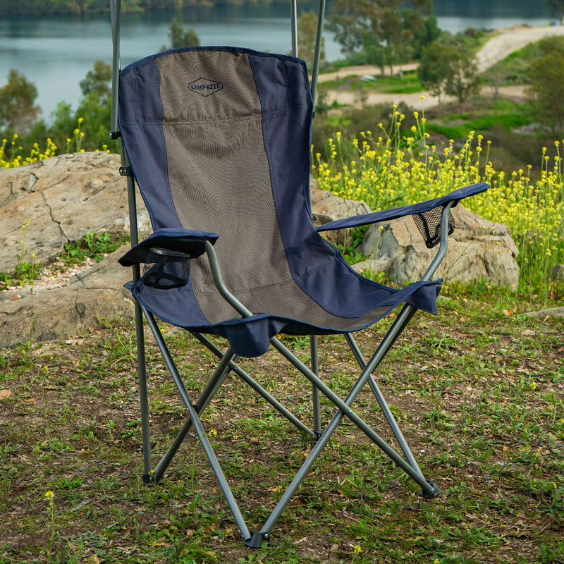 Kamp-Rite Folding Camp Chair with Shade Canopy and Built-In Cupholders, Navy/Tan