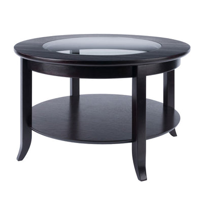 Winsome Genoa Round Coffee Table with Inset Clear Glass Top, Espresso Brown