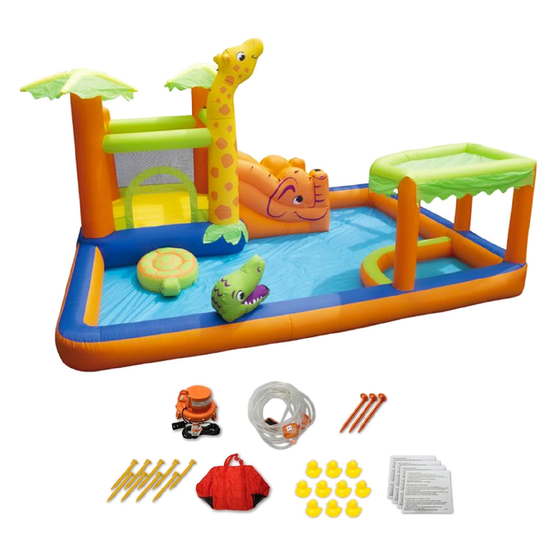 Banzai Safari Splash Water Park Inflatable Bouncer Slide with Cannon and Blower